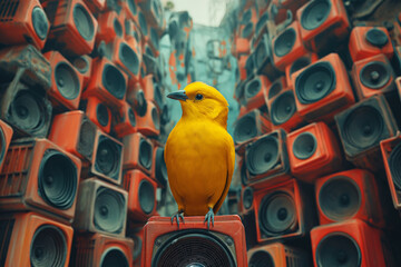 Yellow canary bird sitting between  loud speakers - obrazy, fototapety, plakaty