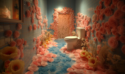 Perfumed bathroom with toilet  concept with toilet full of flowers for a good smell - obrazy, fototapety, plakaty