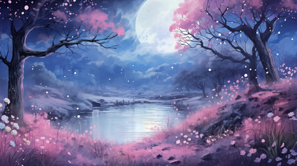 Hand drawn cartoon beautiful spring night landscape illustration
