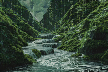 A river flowing through a lush green forest - obrazy, fototapety, plakaty