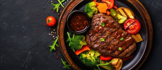 A top-down view of a plate showcasing a juicy beef fillet steak surrounded by vibrant green broccoli, ripe red tomatoes, and colorful peppers.