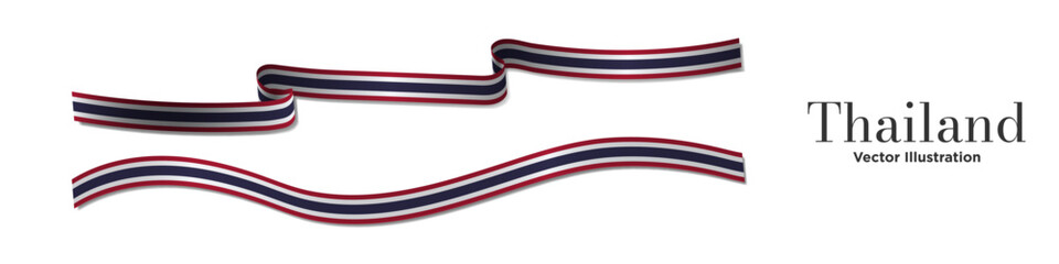 3d Rendered Thailand Flag Ribbons with shadows, isolated on white background. Curled and rendered in perspective. Thai Flags. Graphic Resource. Vector Illustration.	
