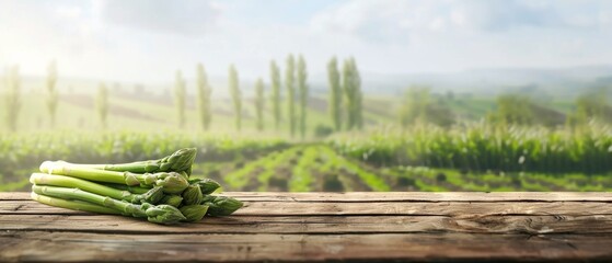 Fresh Asparagus on Farm Wooden Table, Freshly harvested green asparagus arranged on a rustic wooden table, with a softly blurred farm landscape in the background. - obrazy, fototapety, plakaty
