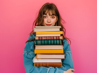 a woman holding a stack of books
