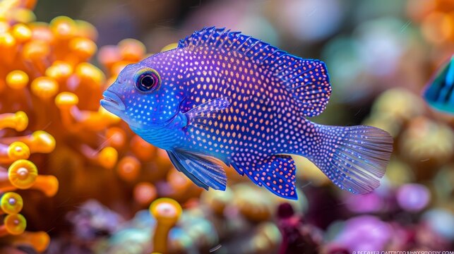 Dottyback fish swimming among diverse corals in a vibrant saltwater aquarium setting