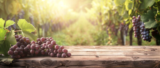 Ripe Grapes on Vineyard Wooden Table, A bountiful bunch of ripe red grapes on an old wooden table with a sunlit vineyard stretching into the distance.