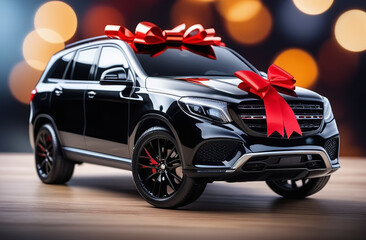 A black SUV is tied with a red gift bow.