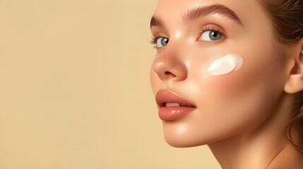 Radiant beautifull CloseUp of Young Womans Clean Skin with Cream on Cheeks