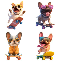 Fototapeta premium A set of French bulldogs in sunglasses and on skateboards