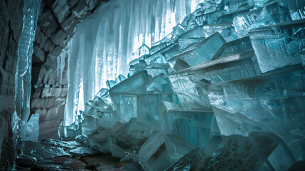 The ice is piled up in an ice cellar North China