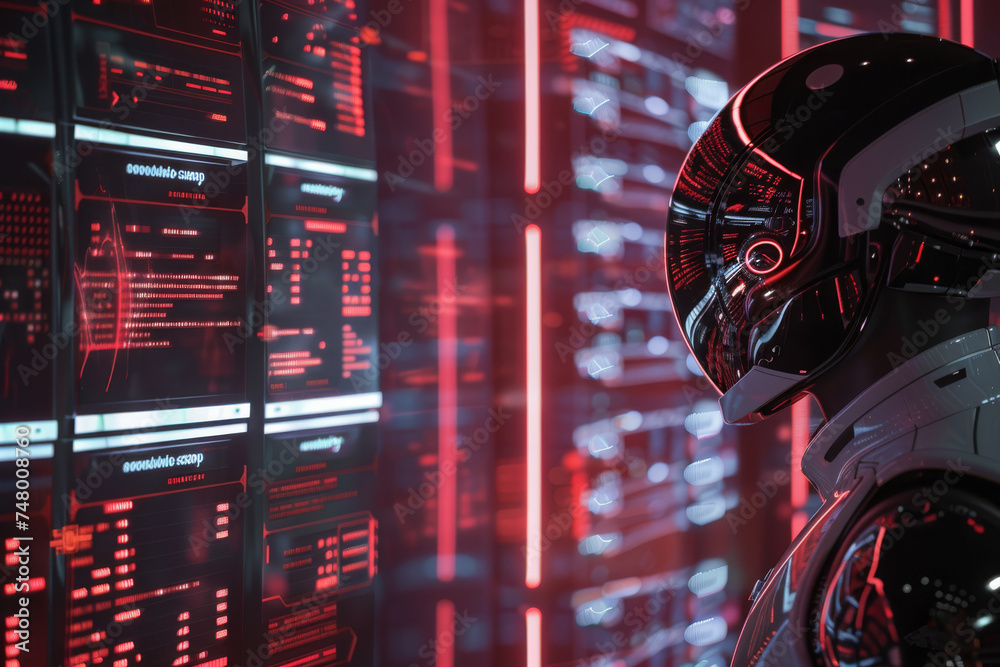 Poster a robot stands in front of a row of servers with a red light behind it