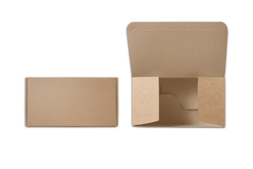 Blank opened and closed craft food box mockup, top view, 3d rendering. Empty brown disposable package for sandwich, burger , fast food. Clear delivery kraft boxed for takeaway lunch mockup template. 