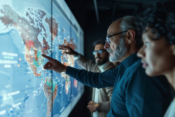 A group of people are looking at a map of the world