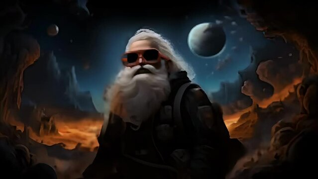 Stylized portrait of a man with a white beard wearing modern sunglasses and headphones.
Concept: A modern interpretation of a classic character, a holiday theme with a modern influence.