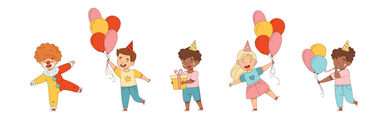 Happy Boy and Girl at Birthday Party Celebrate Holiday Vector Set