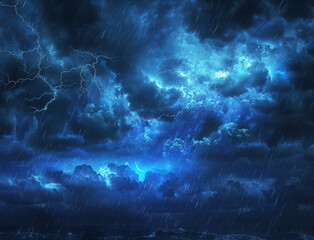 cloudy stormy night sky with lighting and rain - obrazy, fototapety, plakaty