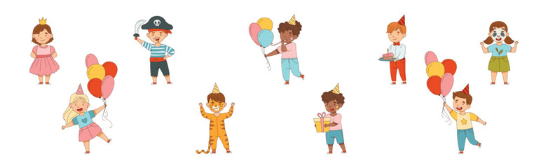 Happy Boy and Girl at Birthday Party Celebrate Holiday Vector Set