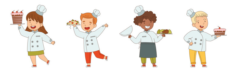 Children Chef Cooking and Meal Preparing Vector Set
