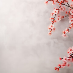 A branches of blooming pink sakura on a marble background. Cherry, apricot, almond flowers. Wallpaper, banner with copy space.