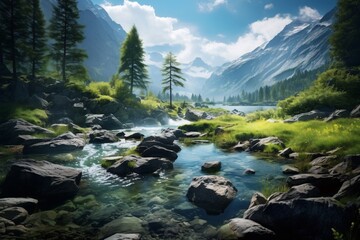 a river running through a valley with rocks and trees - obrazy, fototapety, plakaty