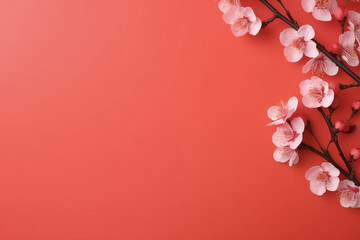 Fototapeta na wymiar A branches of blooming pink sakura on a scarlet background. Cherry, apricot, almond flowers. Wallpaper, banner with copy space.