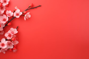 A branches of blooming pink sakura on a scarlet background. Cherry, apricot, almond flowers. Wallpaper, banner with copy space. - obrazy, fototapety, plakaty