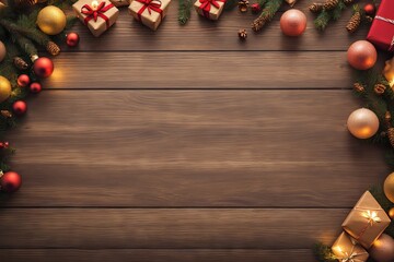 Naklejka premium Wooden table decorated for Christmas | Backdrop or Greeting Card | Seasonable