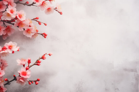 A branches of blooming pink sakura on a marble background. Cherry, apricot, almond flowers. Wallpaper, banner with copy space.