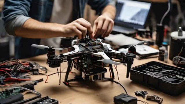 Close-up Of A Pair Of Hands Delicately Assembling A DIY Drone Kit On A Cluttered Workbench, With A Laptop Displaying Lines Of Code In The Background