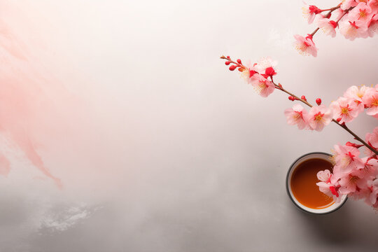 A cup of tea and branches of blooming pink sakura on a marble background. Cherry, apricot, almond flowers. Wallpaper, banner with copy space. Concept for a restaurant of Japanese cuisine, sushi. 