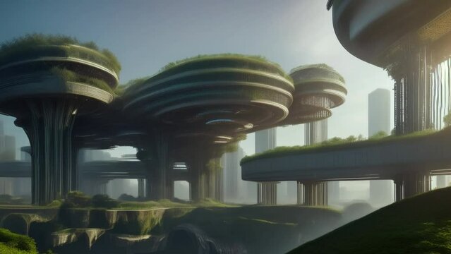 A lush, mechanical structure entwined with nature towers in a clearing