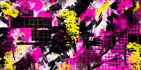 Naklejka premium Abstrakcja czarno żółto różowo biała rozprysk farby elementy geometryczne