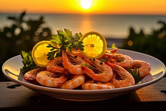 a plate of shrimp with lemon slices and parsley