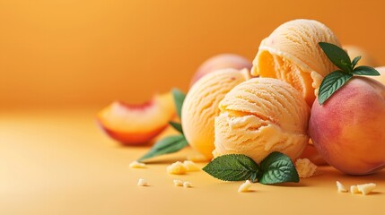Sweet home made peach ice cream on a yellow backdrop with a space for text or product, Generative AI. - obrazy, fototapety, plakaty