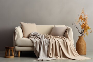 Cozy beige living room interior with comfortable couch and warm blanket for sale on photo stock - obrazy, fototapety, plakaty