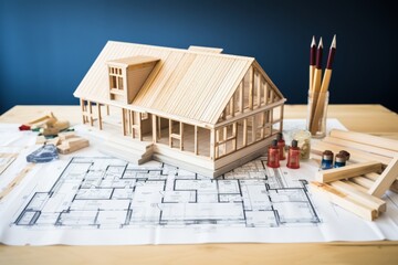 Building a house on blueprints - construction in progress with detailed planning
