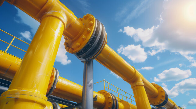 Industrial Yellow Gas Pipeline Against Blue Sky, Vivid yellow gas pipelines with valves and fittings, installed outdoors against a clear blue sky with light cloud cover.