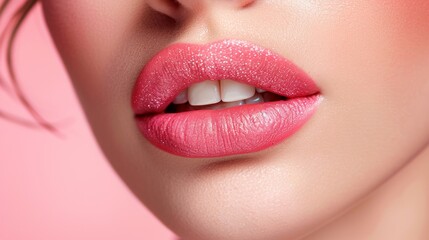 Naklejka premium Close-up of beautiful lips with light pink lipstick 