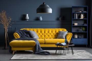 Scandinavian home interior. knitted poufs and dark blue sofa in modern living room