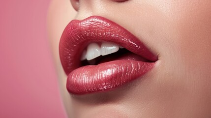Close-up of beautiful lips with light pink lipstick	

