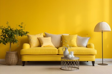 Modern living room with beige sofa, yellow pillows, side tables, lamps, and vibrant yellow wall - obrazy, fototapety, plakaty