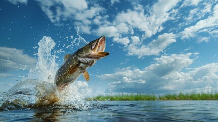 Fototapeta premium Jumping Pike Fish Splashing Water, A dynamic image of a pike fish leaping out of the water, creating a vivid splash against a blue sky.