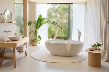 Luxurious bathroom with white and beige walls, oval mirror, bathtub, shower, plants, parquet floor - Powered by Adobe