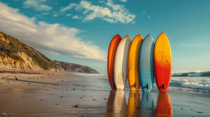 Surfboards on the beach at sunset.	

