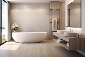 Fototapeta na wymiar Elegant bathroom with white and beige walls, basin, oval mirror, bathtub, shower, plants, parquet floor