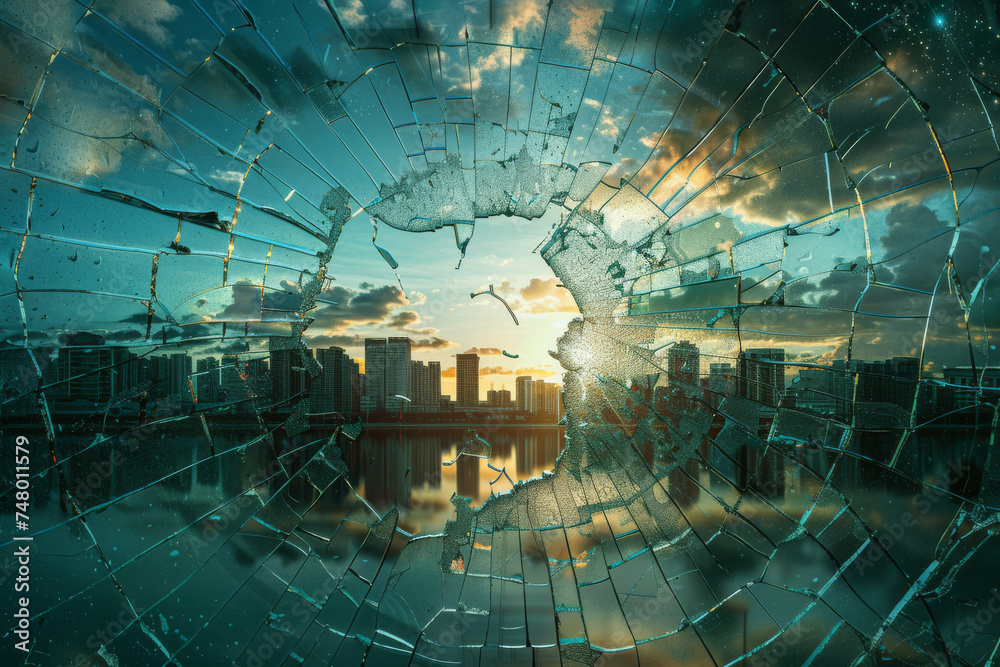 Wall mural A broken glass window with a city in the background