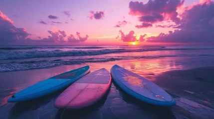 Keuken spatwand met foto Surfboards on the beach at sunset.   © Ilya