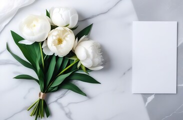 Flat lay banner with a bouquet of white peonies on a white fabric on marble table. Greeting card with copy space for spring, World Womens Day, March 8, Mothers day, Valentines Day, Birthday, Wedding
