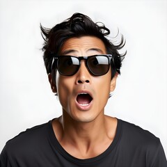 portrait of asian man looking surprised wow face takes off sunglasses and staring impressed camera standing white background - obrazy, fototapety, plakaty