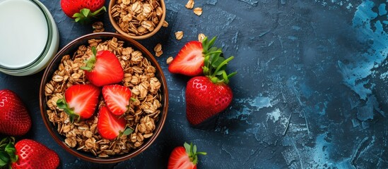 A close-up view of a bowl filled with granola topped with fresh strawberries, served alongside a glass of milk. The granola appears crunchy and clustered, with vibrant red strawberries adding a pop of - Powered by Adobe